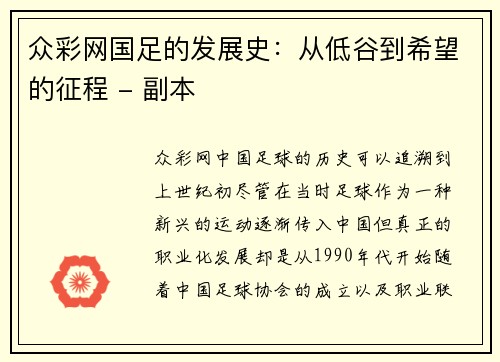 众彩网国足的发展史：从低谷到希望的征程 - 副本
