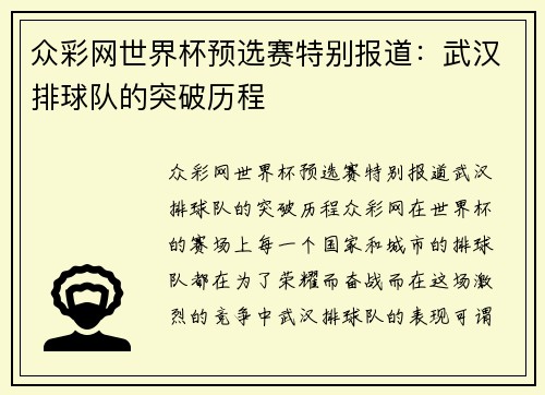 众彩网世界杯预选赛特别报道：武汉排球队的突破历程