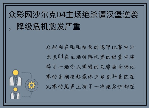 众彩网沙尔克04主场绝杀遭汉堡逆袭，降级危机愈发严重