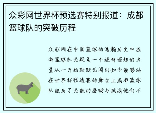 众彩网世界杯预选赛特别报道：成都篮球队的突破历程