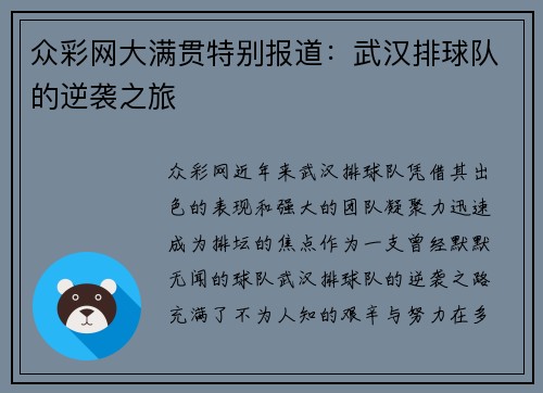 众彩网大满贯特别报道：武汉排球队的逆袭之旅