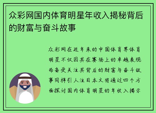 众彩网国内体育明星年收入揭秘背后的财富与奋斗故事