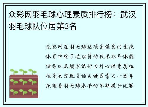 众彩网羽毛球心理素质排行榜：武汉羽毛球队位居第3名