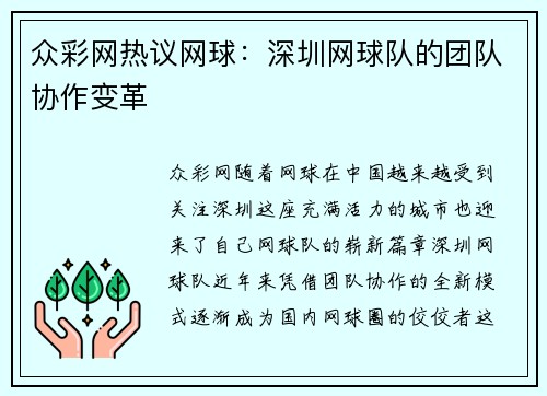 众彩网热议网球：深圳网球队的团队协作变革
